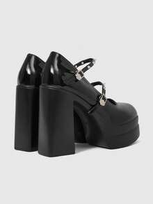 ROMWE Grunge Punk Women's Sexy Glossy Closed-Toe High-Heeled Shoes With Double-Layer Platform Soles; Gothic-Punk Style Featuring Metal Rivets And Double Buckle Straps. - Black - View 3