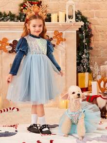 PETSIN Christmas Party Sparkly Sequin & Blue Mesh Pet Skirt - Multicolor - View 6
