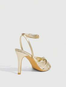 CUCCOO SZL Light Luxury Gold Multi-Strap Kink Sandals, Buckle Rear Thin Heel Fashion Women's Shoes - Gold - View 3
