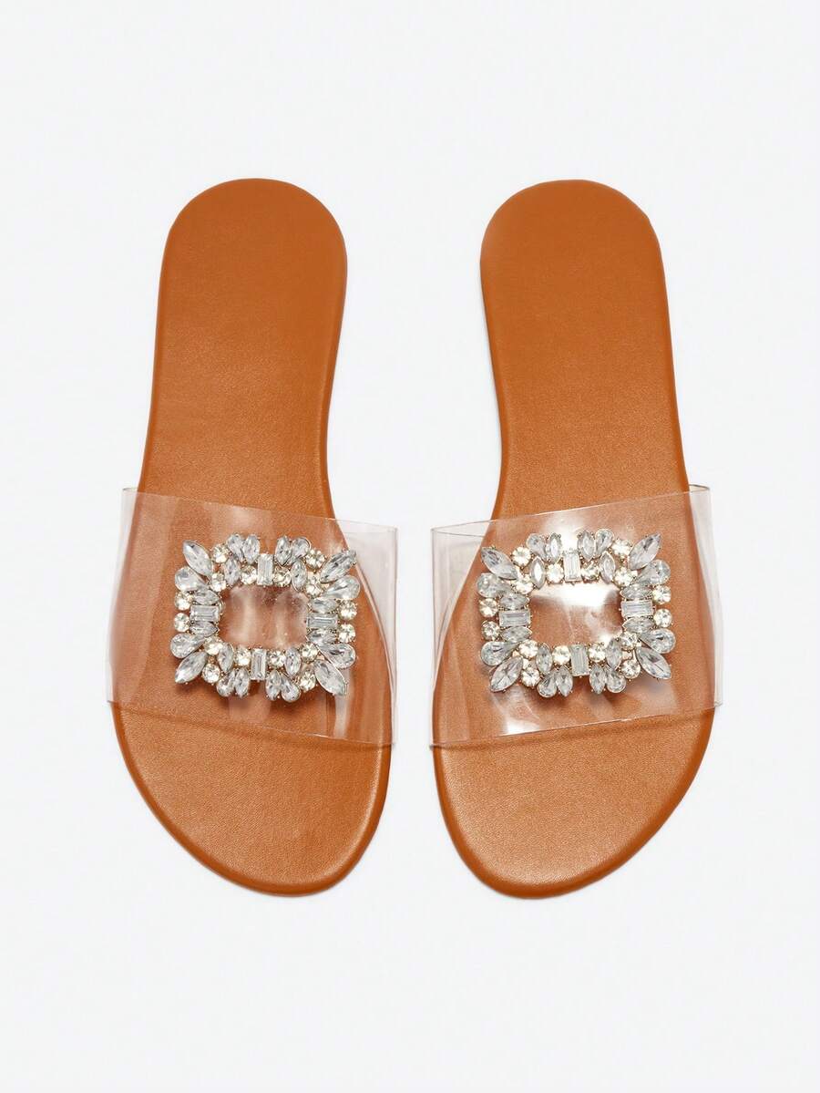 Eladyva Square Buckle Rhinestone Transparent Round Toe Flat Sandals, Brown Outdoor Beach Casual Women's Slippers - Brown - View 1