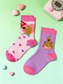 SCOOBY-DOO X SHEIN 2 Pairs Romantic Women's Heart Pattern Crew Socks,Valentine's Day - Multicolor - View 2