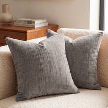 Veyra Day 1pc/2pcs All-Season Vertical Textured Chenille Throw Pillow Covers, Solid Color Striped Square Cushion Cases, Neutral Minimalist Farmhouse Boho Decor For Sofa Bedroom Bay Window Homestay, Pillow Insert Not Included - Grey - View 11