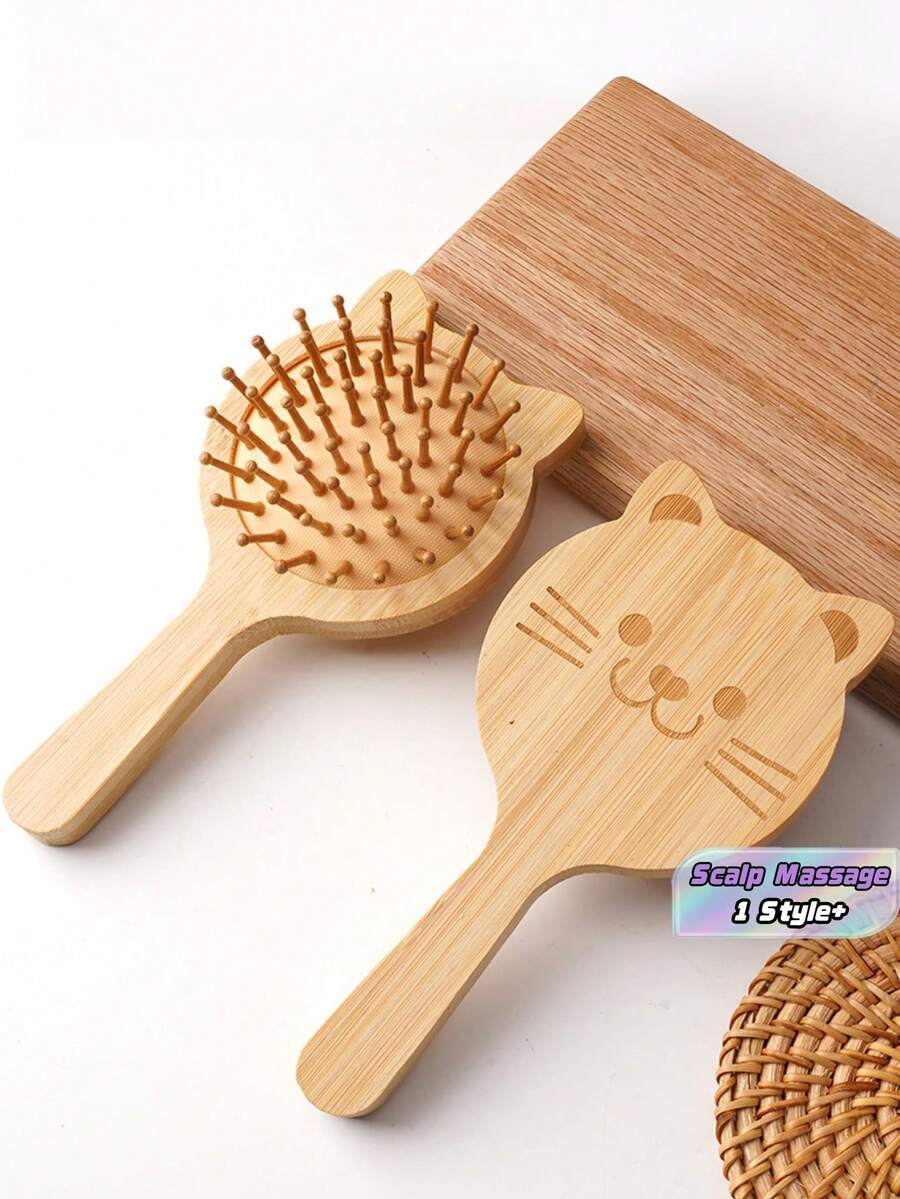 Lược chải tóc cán gỗ hồng với đệm khí hình mèo dễ thương, lược massage gỗ đặc kích thích da đầu, lược gia dụng cho nữ - màu nâu - Xem 1