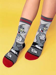 TOM & JERRY X SHEIN 2 双柔软透气吸湿排汗休闲情侣中筒袜，卡通条纹图案，时尚可爱，灰色和粉色中筒袜，加固脚趾和脚跟，经久耐用，男女通用，四季百搭 - 彩色 - 查看 7
