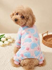 PETSIN 1pc Pet Dog Cat Fleece Jumpsuit With Heart Print, Warm Outfit - Multicolor - View 1
