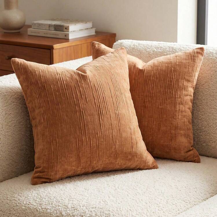 Cirelle 1pc/2pcs All-Season Vertical Textured Chenille Throw Pillow Covers, Solid Color Striped Square Cushion Cases, Neutral Minimalist Farmhouse Boho Decor For Sofa Bedroom Bay Window Homestay, Pillow Insert Not Included - Orange - View 15