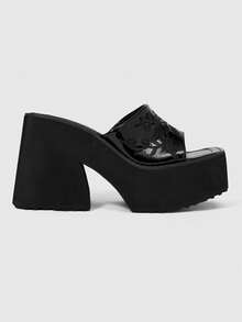 ROMWE Women's Fashionable And Casual Platform Wedge Sandals, Punk-Style Gothic Elegance With Glossy Floral Embroidery. - Black - View 1