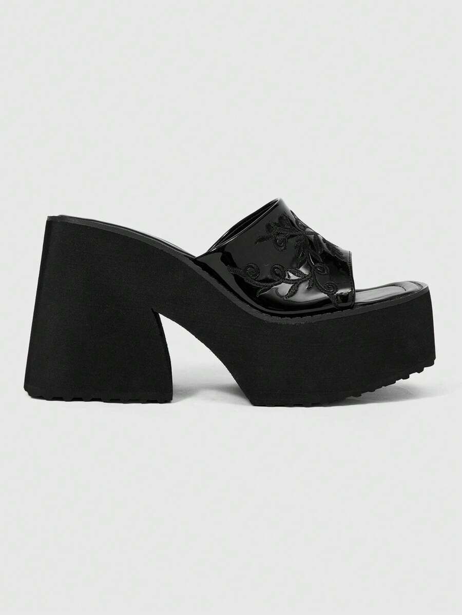 ROMWE Women's Fashionable And Casual Platform Wedge Sandals, Punk-Style Gothic Elegance With Glossy Floral Embroidery. - Black - View 1