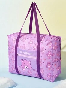 SHEIN X Care Bears 卡通熊可折疊旅行托特包，大容量聚酯纖維手提包，附行李箱套筒，可折疊設計，適合旅行、商務攜帶衣物與日常用品 - 紫白 - 查看 5