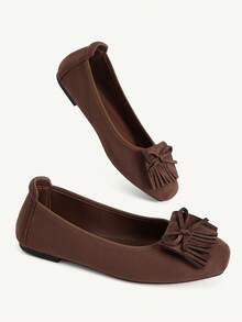 CUCCOO CHICEST Women's Coffee Brown Soft Suede-Like Flat Shoes With Tassel Bow, Square Toe, Soft Sole, Gentle Sweet Style, Suitable For All Seasons, Commuting And Dating - Coffee Brown - View 6
