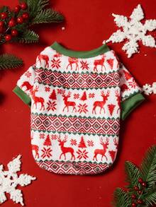 PETSIN 1 Pet Christmas Cat Dog Universal Red And Green Elk Snowflake Geometric Fer Island Pattern Print Plush Warm And Comfortable Dog Christmas - Multicolor - View 2