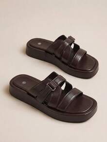 HighSole Double Metal Buckle Design Thick Bottom Casual Simple Comfortable Cool Slippers Holiday Beach - Coffee Brown - View 8