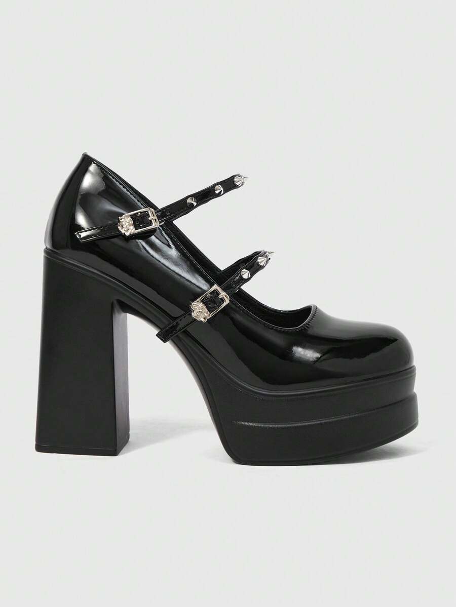 ROMWE Grunge Punk Women's Sexy Glossy Closed-Toe High-Heeled Shoes With Double-Layer Platform Soles; Gothic-Punk Style Featuring Metal Rivets And Double Buckle Straps. - Black - View 1