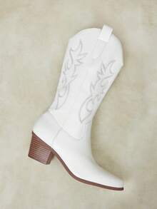 Styleloop Retro Old Pleated Pile Western Cowboy Short Boots Women's Pointed Thick Heel Sleeve Medium Boots Autumn And Winter Versatile Knight Boots - White - View 6
