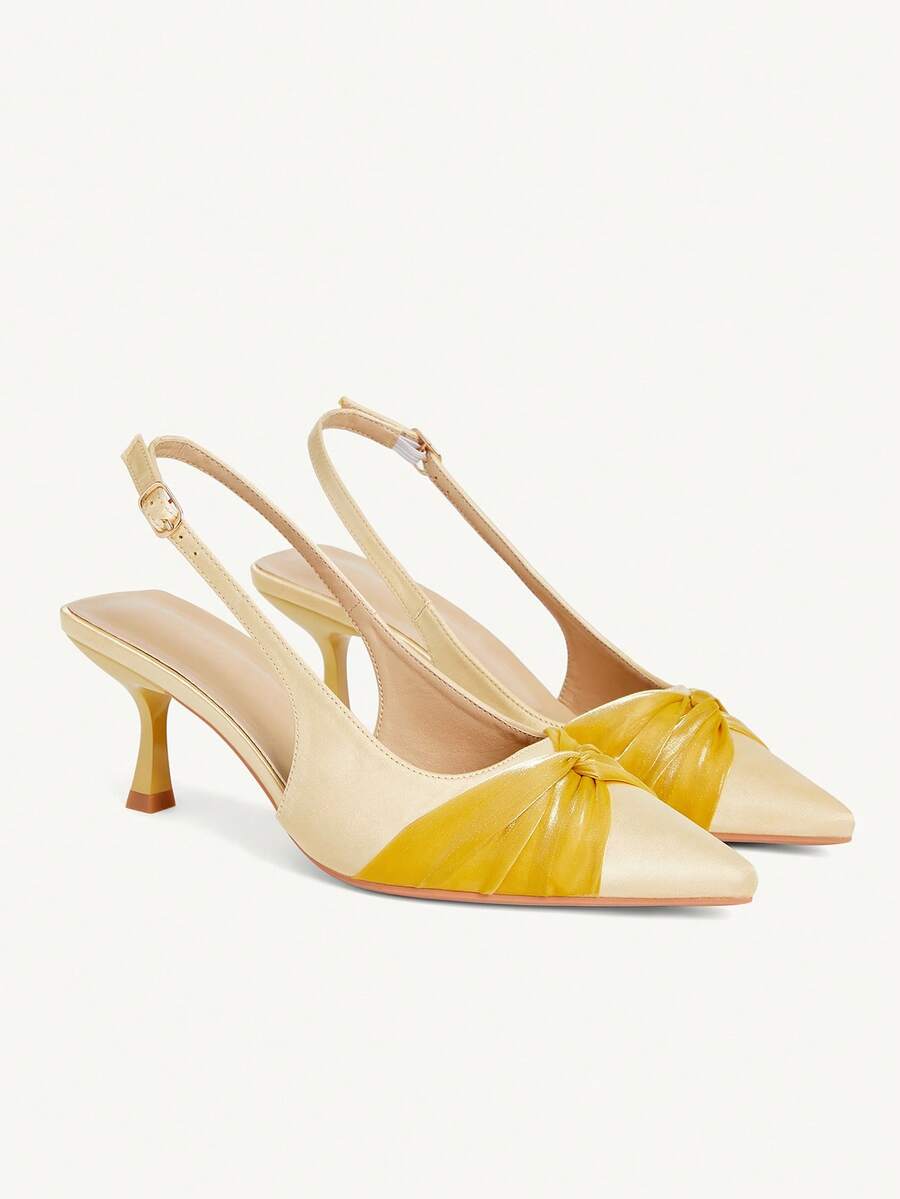CUCCOO CHICEST Pointed Gentle Temperament Fashionable Versatile Rhinestone Design Sense Bow Elegant Fairy Back Empty Satin Yellow High Heels - Yellow - View 1