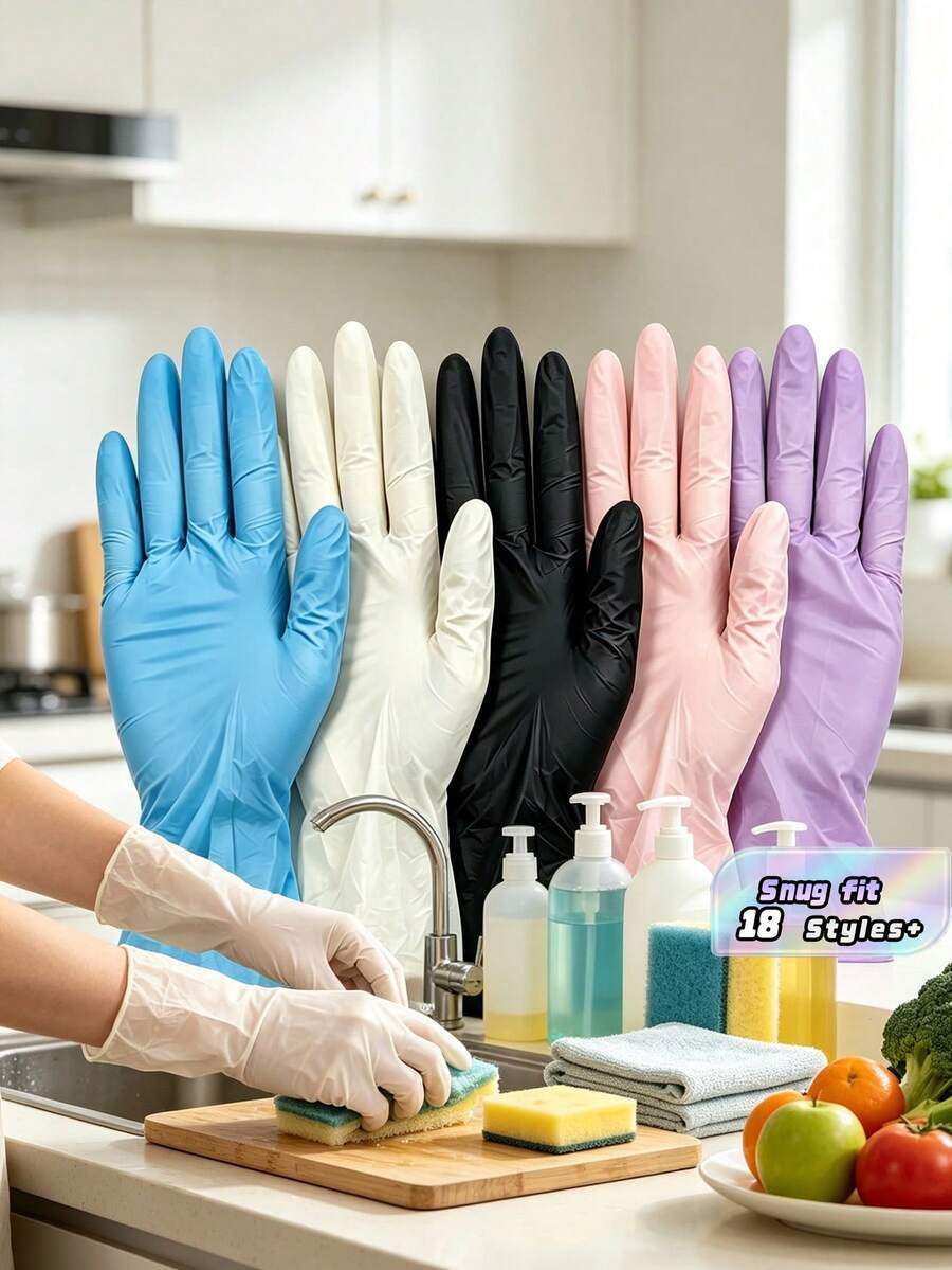 100入 粉色、白色、藍色、紫色、黑色一次性丁腈手套，防水防靜電多用途手套，適用於廚房、洗碗、清潔、美容院、染髮、飯店、洗衣，不含乳膠、無粉