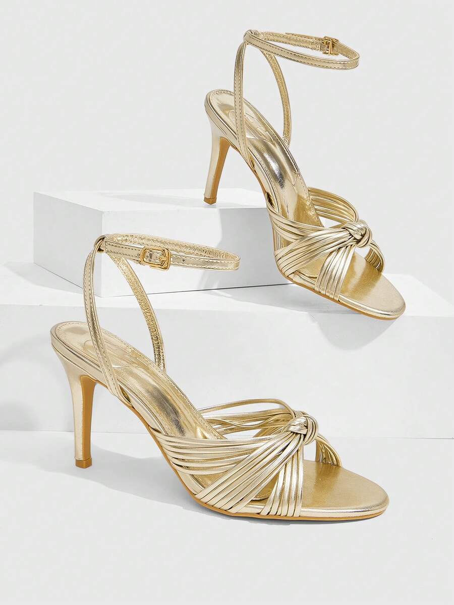 CUCCOO SZL Light Luxury Gold Multi-Strap Kink Sandals, Buckle Rear Thin Heel Fashion Women's Shoes - Gold - View 1