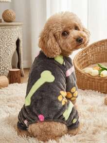 PETSIN 1pc Pet Cat/Dog Brown Fleece Warm Paw & Bone Print Flannel One-Piece Jumpsuit - Multicolor - View 3