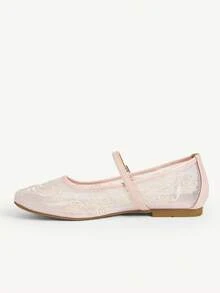 CUCCOO CHICEST Women Shoes New Chinese Style Gentle Style Women Spring And Summer Travel Dating Mesh Yarn Flower Embroidery Solid Color Round Toe Flat Bottom Mary Jane - Baby Pink - View 4