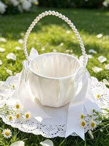 2Pcs Wedding Flower Girl Baskets, Satin Flower Basket With Cute Pearl Handle & Bowknot, Wedding Ceremony Decor Supplies, Ivory Color - Pearl Bow Flower Basket - View 2