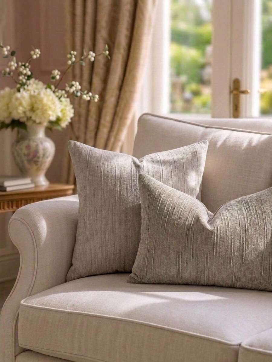 Cirelle 1 Stück Stück/2 Stücke Ganzjahres-Kissenbezüge aus vertikal strukturiertem Chenille, einfarbig gestreifte quadratische Kissenhüllen, neutraler minimalistischer Farmhouse-Boho-Stil für Sofa, Schlafzimmer, Erkerfenster, Homestay, Kissenfüllung nicht enthalten - Beige - Übersicht 1