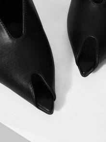 Mnmlis Black Lychee Pattern High-Heeled Mules Women's V-Cut Peep Toe Thin-Heeled, Commuting Dating Elegant Sandals Fall Shoes - Black - View 4