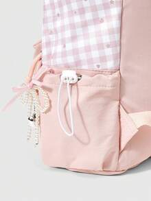 ROMWE Kawaii 1件粉色格紋蘋果刺繡後背包，珍珠緞帶吊飾拼接可愛休閒女孩書包 - 粉色格紋款 - 查看 3