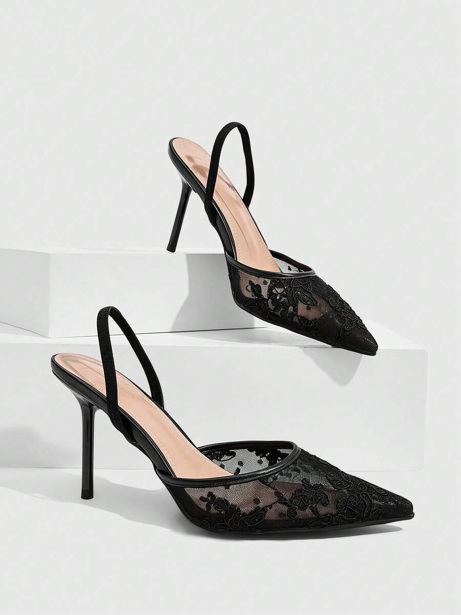 CUCCOO SZL Ladies Pointed Round Mouth Lace Surface. Cone Lacquered Heel. Elastic Rear Strap Empty Single Shoe. Four Seasons Festival Commuter Women's Shoes - Black - View 1
