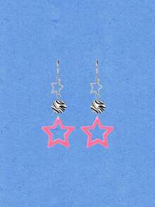 Popjeli 1 Pair Women's Y2K Dopamine Star Dangle Earrings, Bright Pink Hollow Star Zebra Stripe Square Hoop Ear Drops, Cool Earrings, Suitable For Daily Wear And Party - Multicolor - View 2