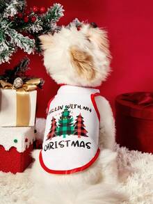 PETSIN 1pc Christmas Pet Vest, Eye-Catching Red And Green Checkered Christmas Tree Print, Breathable And Skin Friendly Printed Pet Vest With Red Border Contrasting Design - Multicolor - View 5