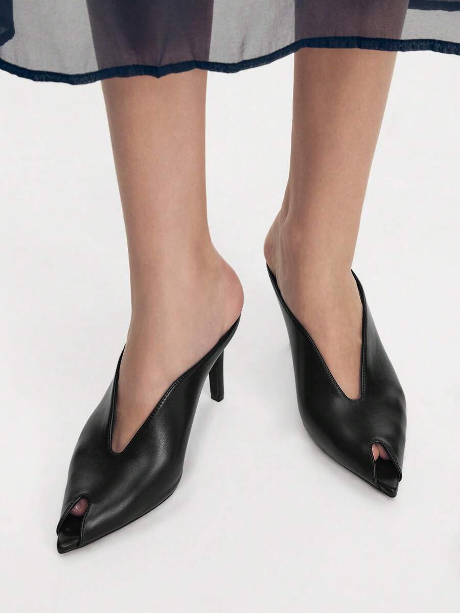 Mnmlis Black Lychee Pattern High-Heeled Mules Women's V-Cut Peep Toe Thin-Heeled, Commuting Dating Elegant Sandals Fall Shoes - Black - View 1