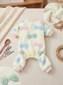 PETSIN 1pc Pet Dog/Cat Apricot Fleece Warm Jumpsuit With Bow & Graphic Print, Flannel Fabric - Multicolor - View 2