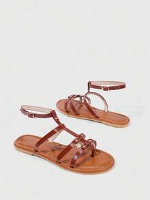 HighSole 女士简约时尚心形装饰人字拖，金属色夏季户外沙滩平底凉鞋 - 棕色 - 查看 8