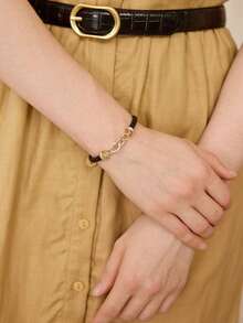 MOTF PREMIUM Pre Gold Stone Splicing Black PU Leather Exquisite Bracelet - Black - View 9