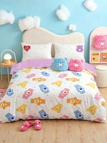 SHEIN X Care Bears 3件組印花被套組，採用柔軟、保暖且透氣的布料製成。粉色被套適用於單人、雙人、加大與特大號床鋪，可機洗 - CB紫色 - 查看 2