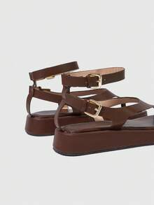 HighSole 女款舒適休閒厚底綁帶方頭夏季日常通勤極簡風駱駝色夾腳厚底涼鞋 - 咖啡棕色PU - 查看 8