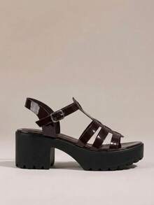 HighSole 女款時尚高跟綁帶涼鞋，簡約休閒日常款 - 咖啡棕鏡面 - 查看 2