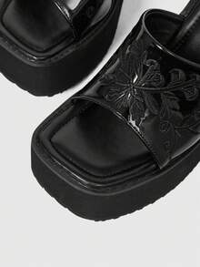ROMWE Women's Fashionable And Casual Platform Wedge Sandals, Punk-Style Gothic Elegance With Glossy Floral Embroidery. - Black - View 4