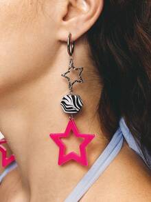 Popjeli 1 Pair Women's Y2K Dopamine Star Dangle Earrings, Bright Pink Hollow Star Zebra Stripe Square Hoop Ear Drops, Cool Earrings, Suitable For Daily Wear And Party - Multicolor - View 3