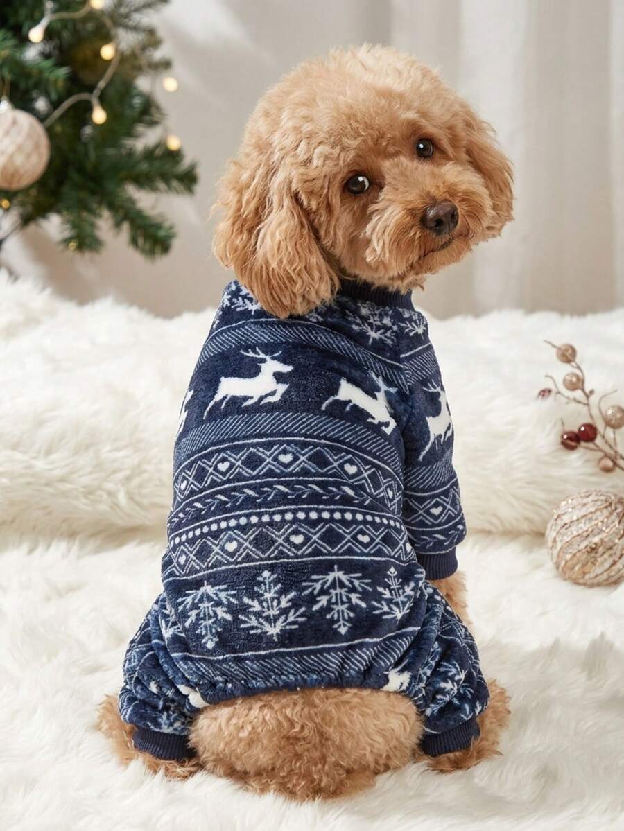 PETSIN 1pc Pet Fair Isle Reindeer Fleece Jumpsuit, Warm & Cozy For Small To Medium Cats & Dogs - Multicolor - View 1