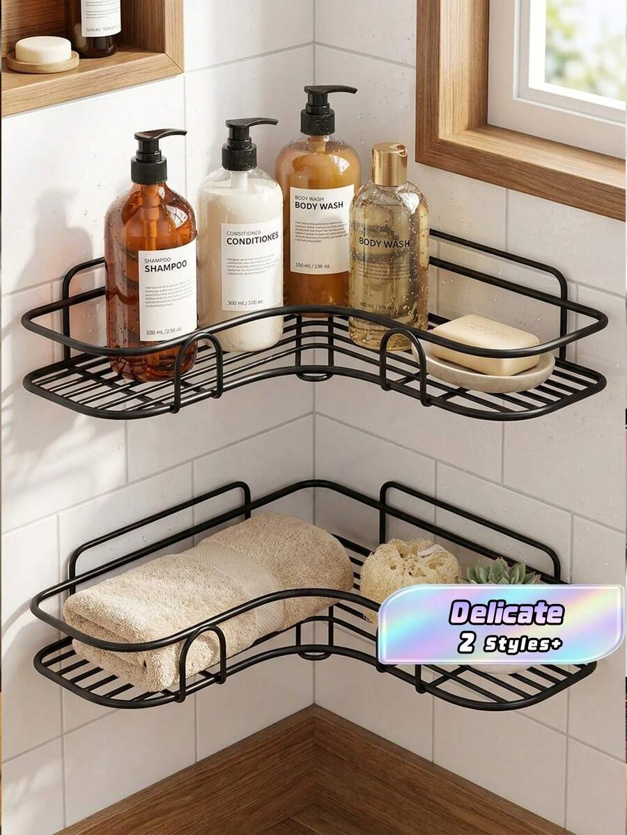 1pc Bathroom Triangle Rack With No-Drill Heavy-Duty Rustproof Corner Shelves For Holding Shampoo Bottles In Shower Corner Or Kitchen Sink Organizer Rack Wall Shelves & Corner Shelves Home Decor Essentials - Black - View 1