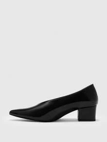 CUCCOO BIZCHIC Women's Black Pointed Toe Patent Leather Chunky Heel Pumps Daily Office Fall Shoes - Black - View 4