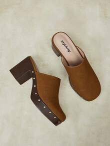 Styleloop Outdoor Women's Square Toe Side Round Nails Decoration Fashionable, Simple, Breathable And Comfortable Party Shoes With Slip-On Exposed Heel - Brown - View 6