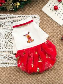 PETSIN Christmas Pet Dog Dress Reindeer Embroidery Red Fuzzy Skirt Winter Warm Xmas Holiday Outfit For Small Puppy Cat - White - View 3