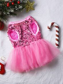 PETSIN Christmas Sparkly Pink Glitter Princess Mesh Tutu Skirt, For Dogs & Cats Party Wear, Fluffy & Shiny - Pink - View 9
