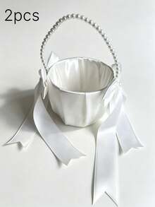 2Pcs Wedding Flower Girl Baskets, Satin Flower Basket With Cute Pearl Handle & Bowknot, Wedding Ceremony Decor Supplies, Ivory Color - Pearl Bow Flower Basket - View 14