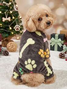 PETSIN 1pc Pet Cat/Dog Brown Fleece Warm Paw & Bone Print Flannel One-Piece Jumpsuit - Multicolor - View 4