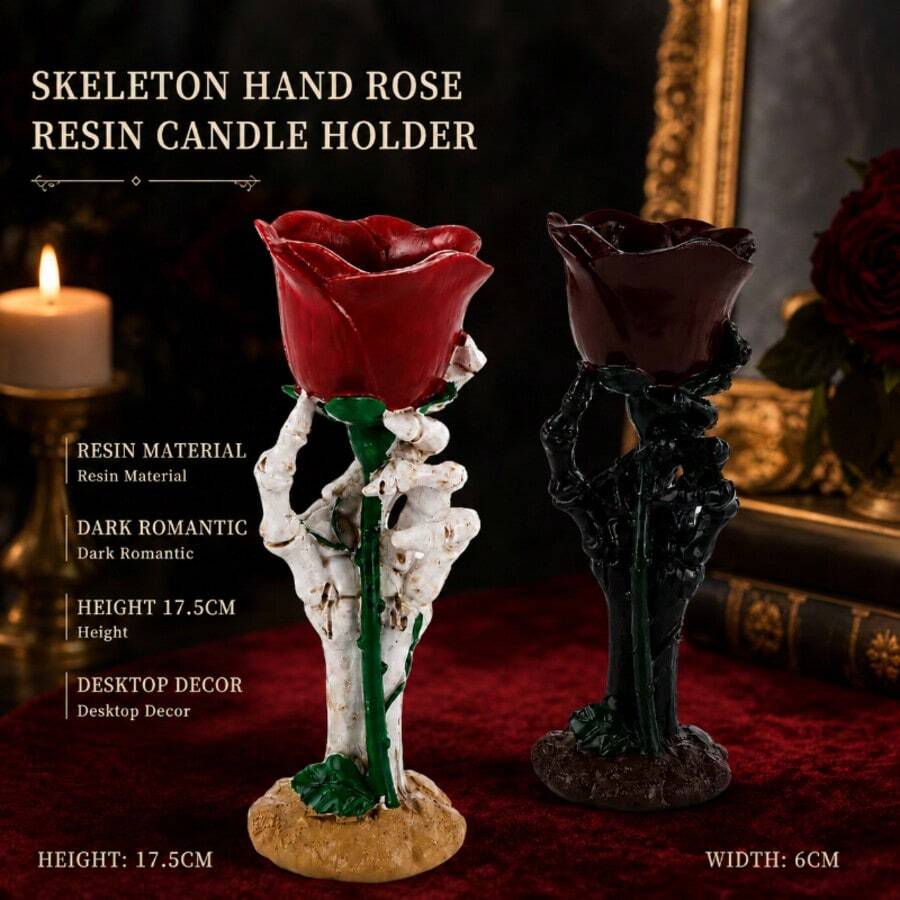 Skeleton Hand Holding A Rose Candle Holder, Decor Piece For Home And Living Room, Dark Style, Romantic Atmosphere Decoration - A - View 1