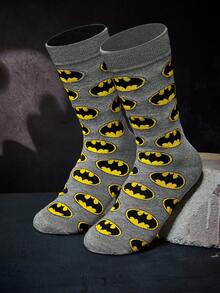 BATMAN X SHEIN 1入款卡通圖案黑色中筒襪，男女通用 - 灰色 - 查看 2