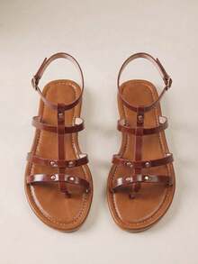 HighSole 女士简约时尚心形装饰人字拖，金属色夏季户外沙滩平底凉鞋 - 棕色 - 查看 1